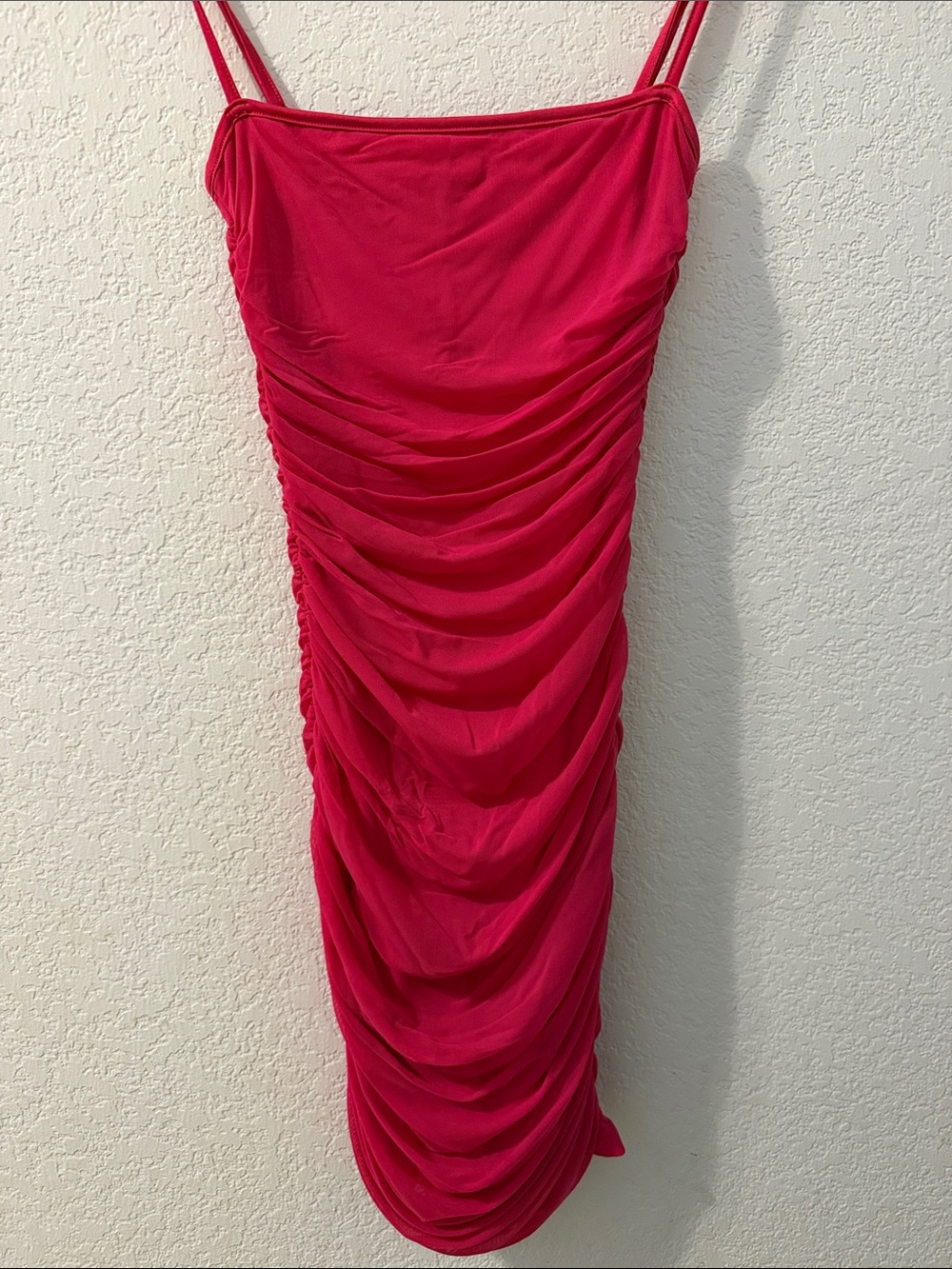 Ruched Spaghetti Strap Midi Dress in Hot Pink